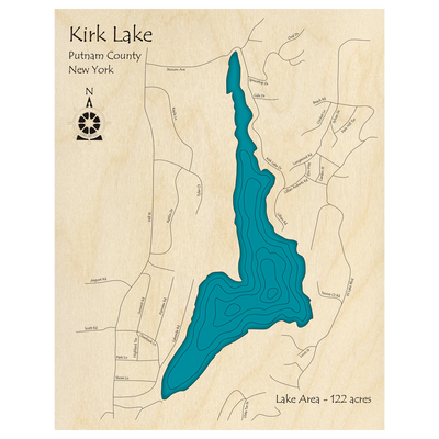 Bathymetric topo map of Kirk Lake, NY with roads, towns and depths noted in blue water.