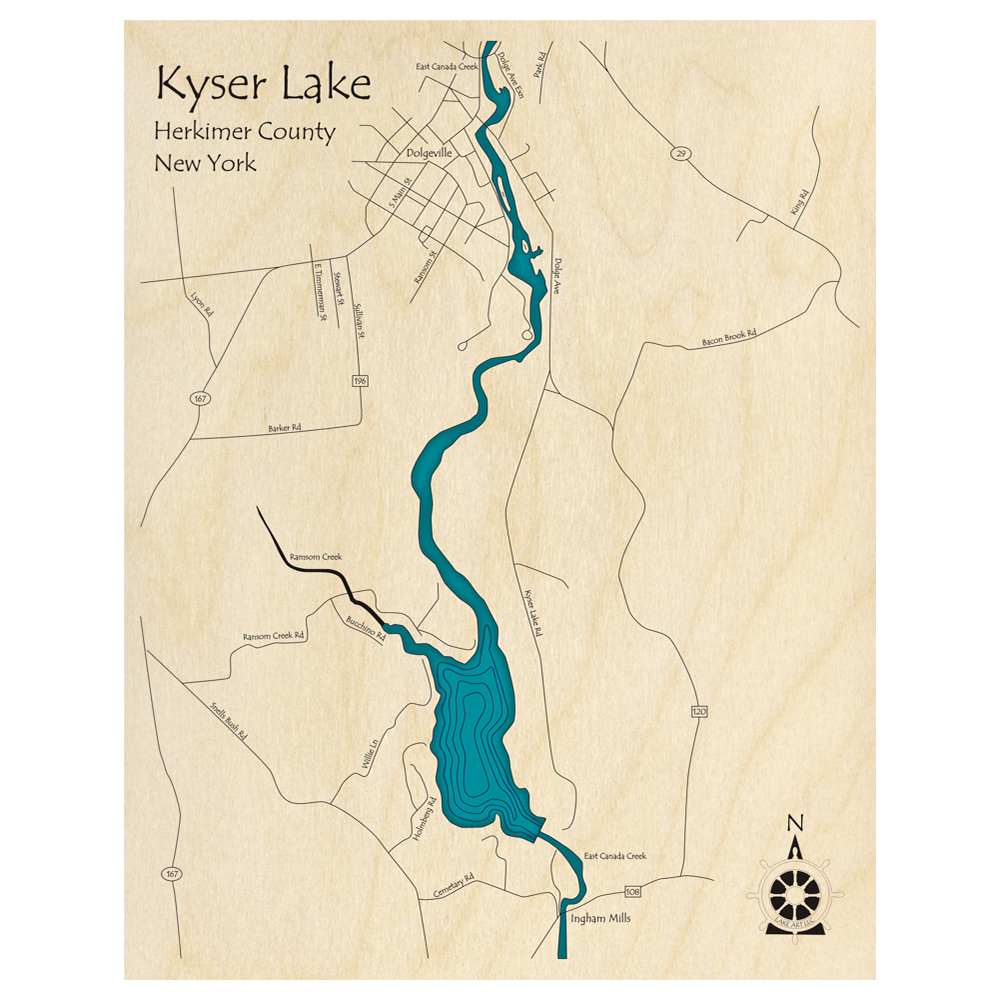 Bathymetric topo map of Kyser Lake, NY with roads, towns and depths noted in blue water.