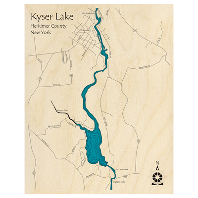 Bathymetric topo map of Kyser Lake, NY with roads, towns and depths noted in blue water.