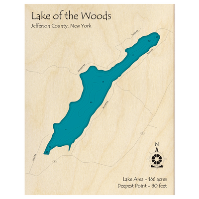 Bathymetric topo map of Lake of the Woods, NY with roads, towns and depths noted in blue water.