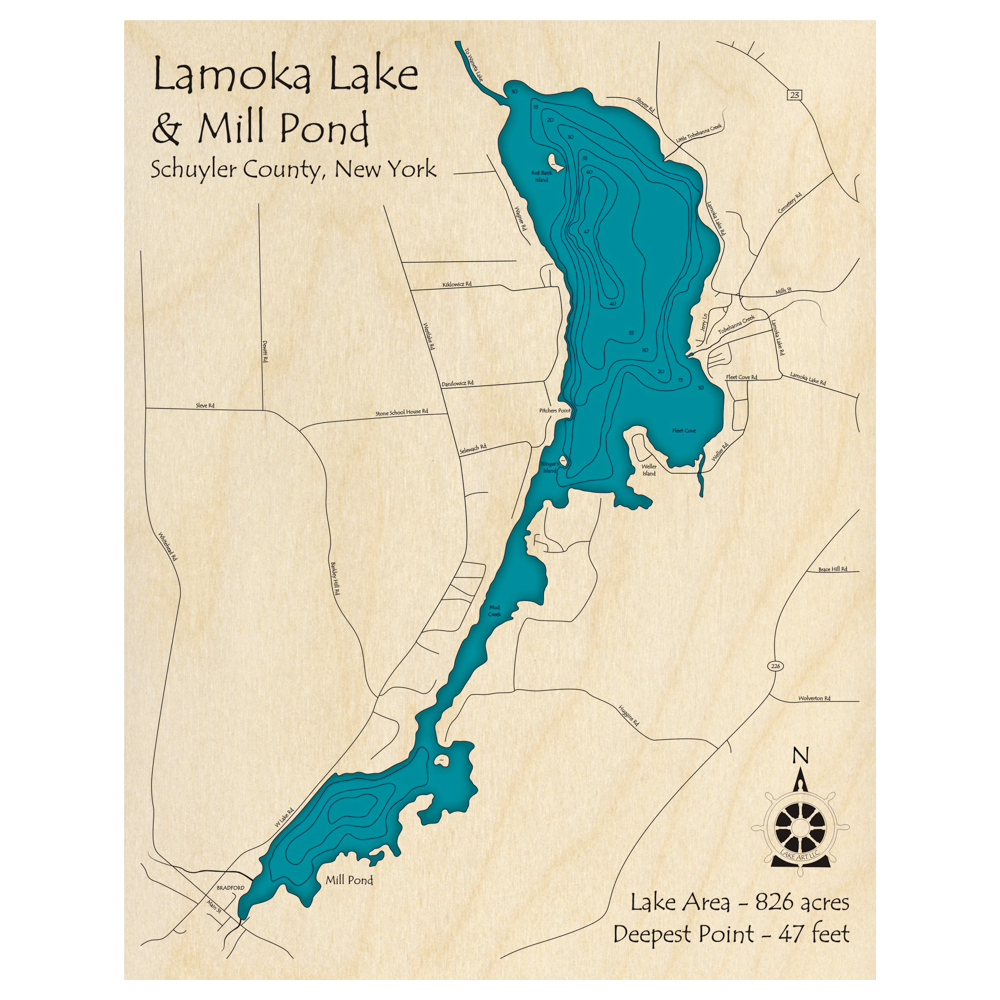 Bathymetric topo map of Lamoka Lake and Mill Pond, NY with roads, towns and depths noted in blue water.