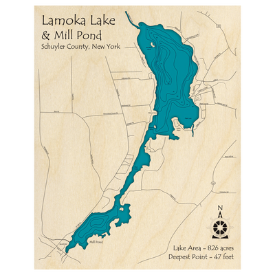 Bathymetric topo map of Lamoka Lake and Mill Pond, NY with roads, towns and depths noted in blue water.