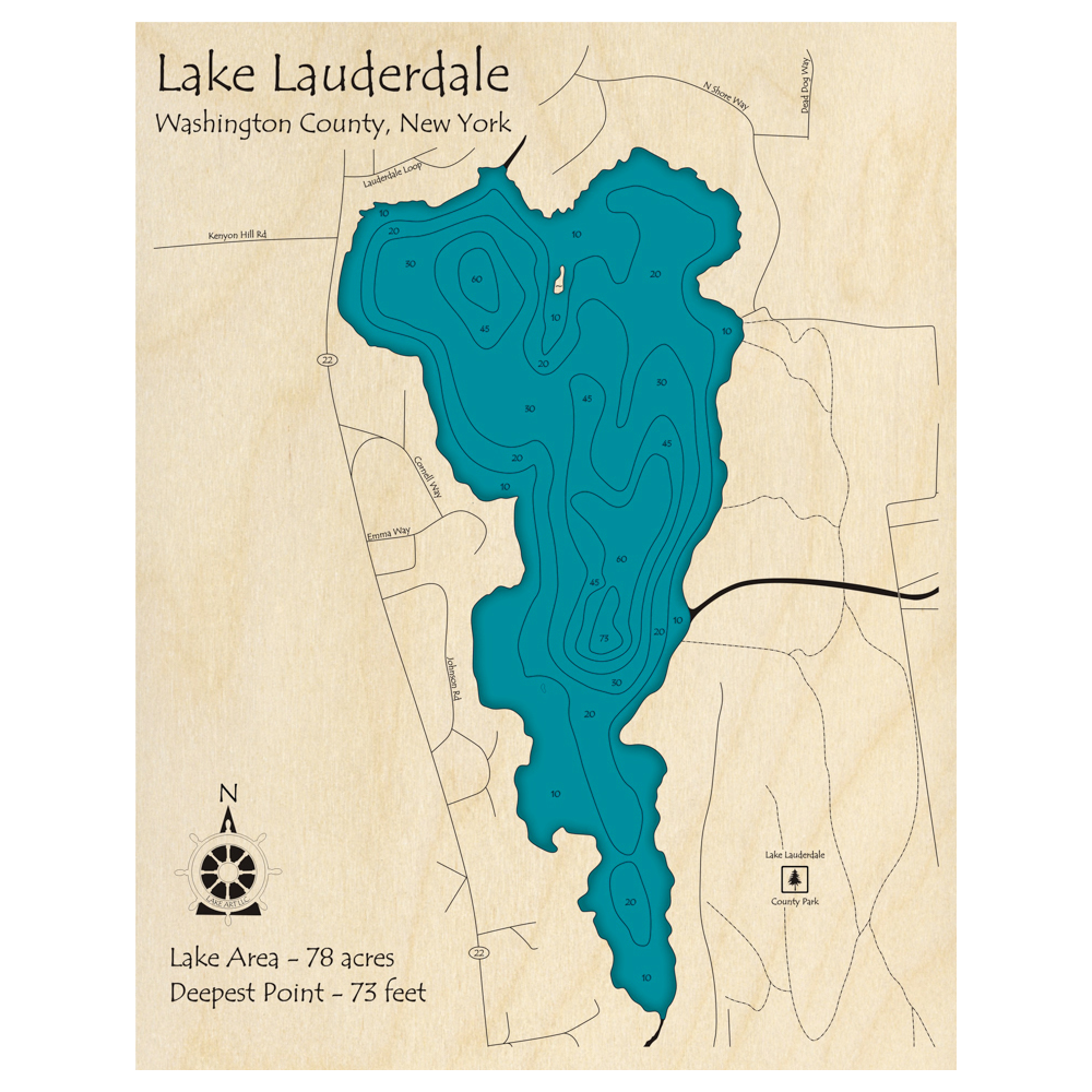 Bathymetric topo map of Lake Lauderdale, NY with roads, towns and depths noted in blue water.