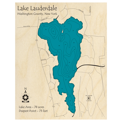 Bathymetric topo map of Lake Lauderdale, NY with roads, towns and depths noted in blue water.