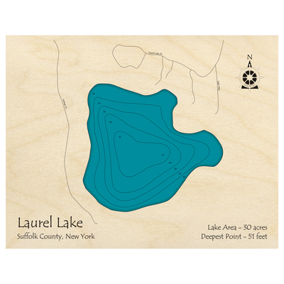 Bathymetric topo map of Laurel Lake, NY with roads, towns and depths noted in blue water.
