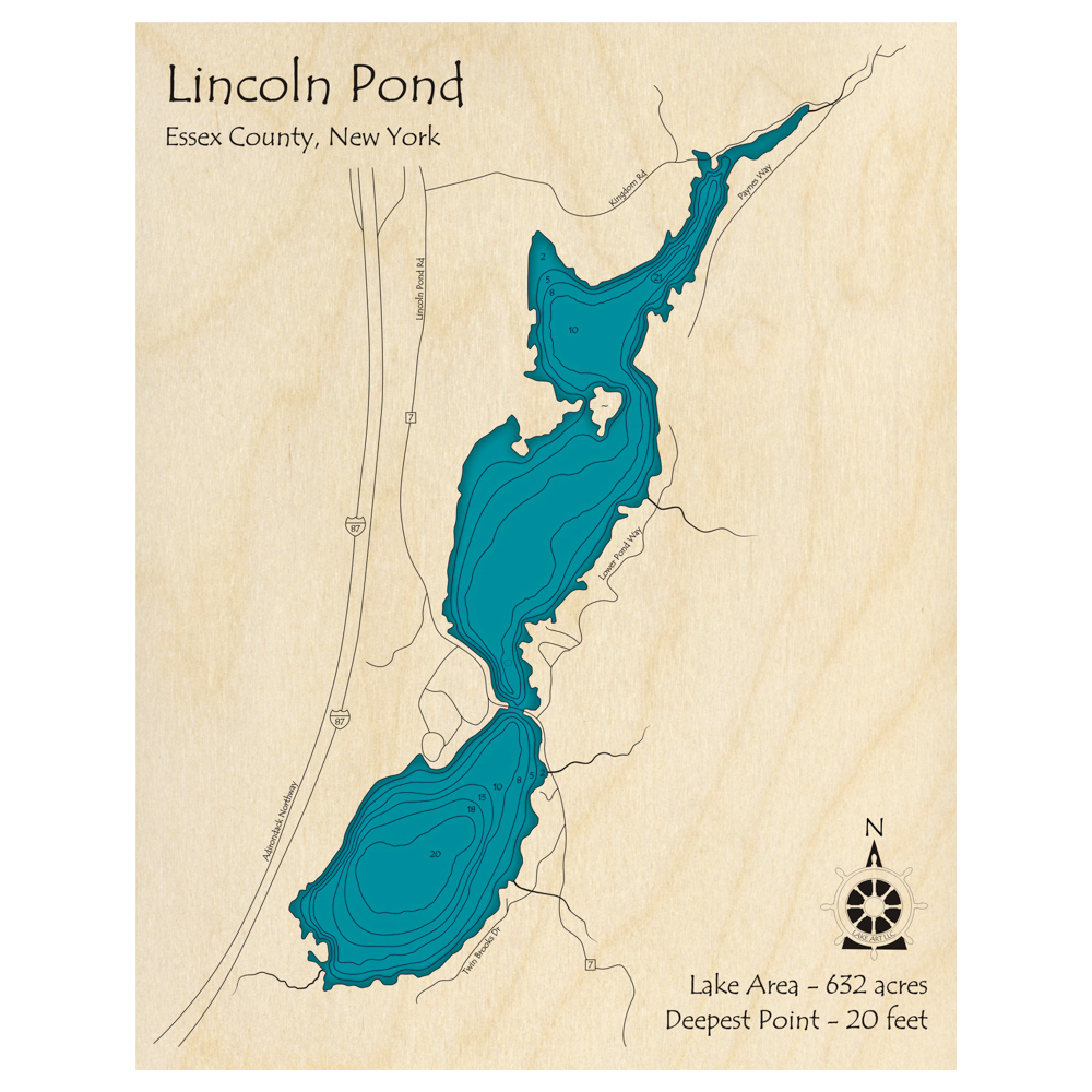 Bathymetric topo map of Lincoln Pond, NY with roads, towns and depths noted in blue water.