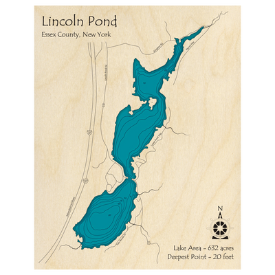 Bathymetric topo map of Lincoln Pond, NY with roads, towns and depths noted in blue water.