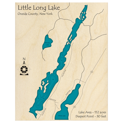 Bathymetric topo map of Little Long Lake, NY with roads, towns and depths noted in blue water.
