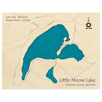 Bathymetric topo map of Little Moose Lake, NY with roads, towns and depths noted in blue water.