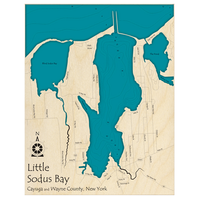 Bathymetric topo map of Little Sodus Bay, NY with roads, towns and depths noted in blue water.