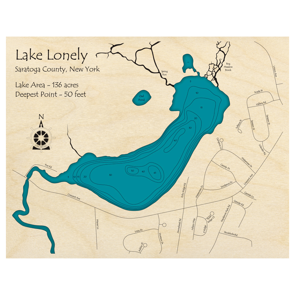 Bathymetric topo map of Lake Lonely, NY with roads, towns and depths noted in blue water.