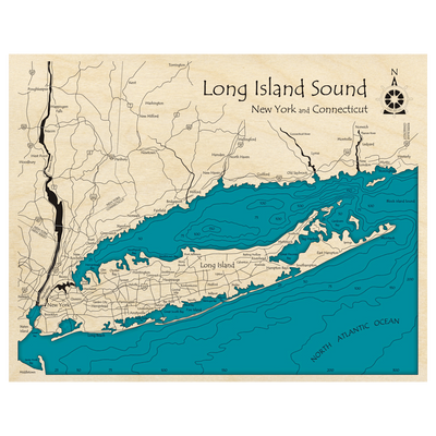 Bathymetric topo map of Long Island Sound (CT, NY) with roads, towns and depths noted in blue water.
