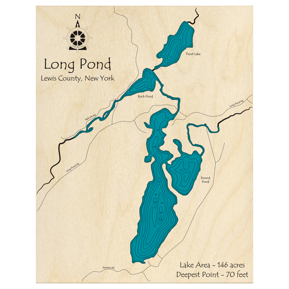 Bathymetric topo map of Long Pond, NY with roads, towns and depths noted in blue water.