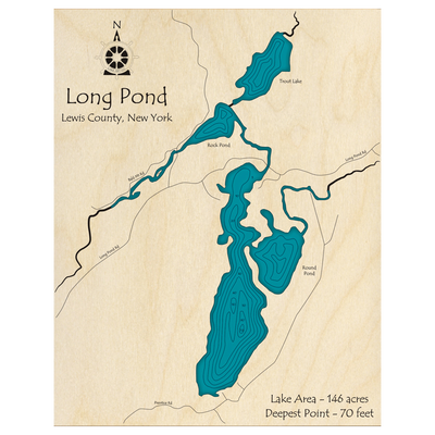 Bathymetric topo map of Long Pond, NY with roads, towns and depths noted in blue water.