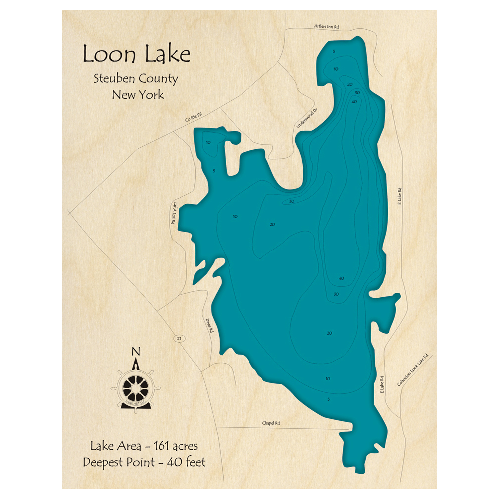 Bathymetric topo map of Loon Lake, NY with roads, towns and depths noted in blue water.