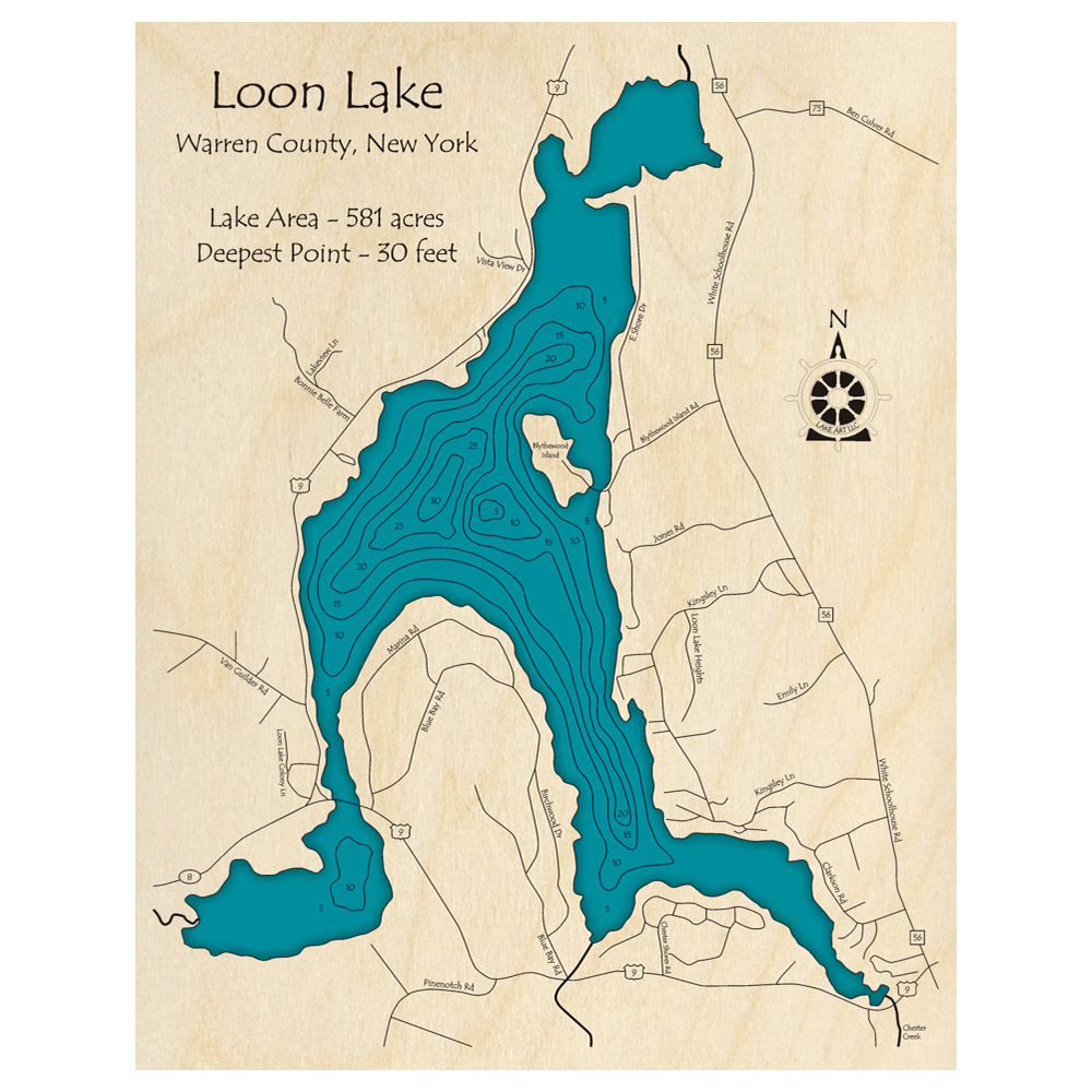 Bathymetric topo map of Loon Lake, NY with roads, towns and depths noted in blue water.