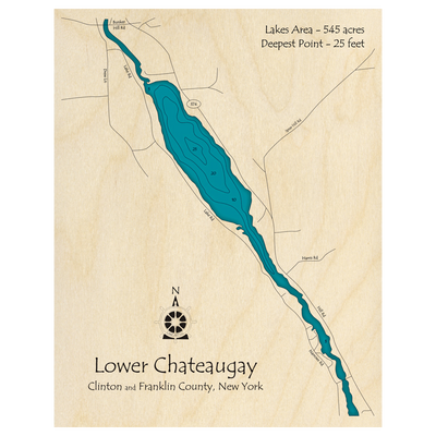 Bathymetric topo map of Chateaugay Lake, NY with roads, towns and depths noted in blue water.