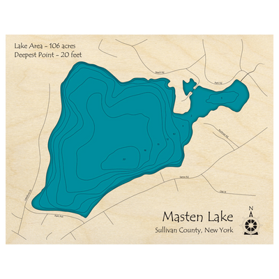 Bathymetric topo map of Masten Lake, NY with roads, towns and depths noted in blue water.