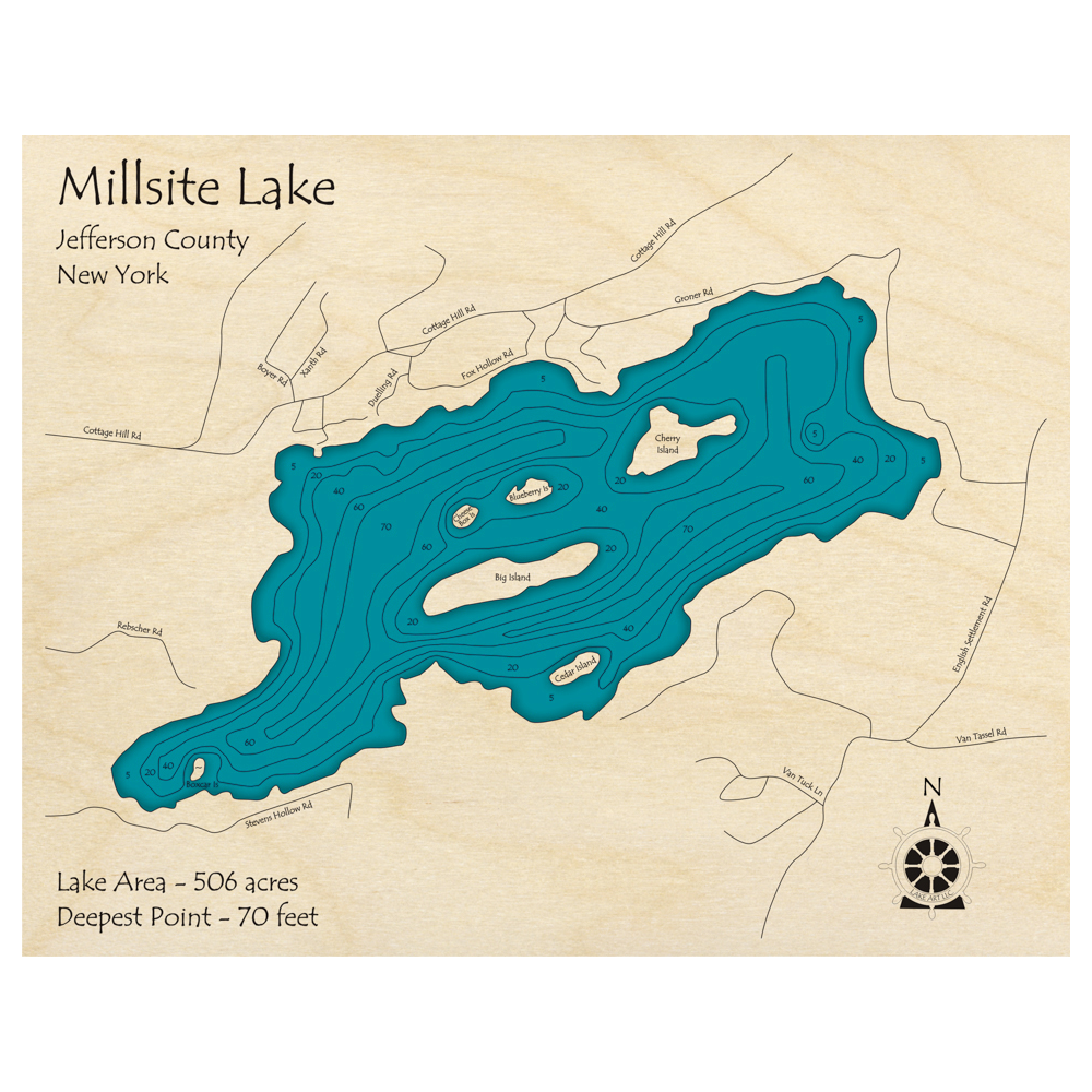 Bathymetric topo map of Millsite Lake, NY with roads, towns and depths noted in blue water.