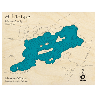 Bathymetric topo map of Millsite Lake, NY with roads, towns and depths noted in blue water.