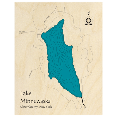 Bathymetric topo map of Lake Minnewaska, NY with roads, towns and depths noted in blue water.