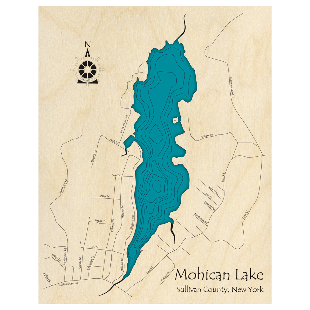 Bathymetric topo map of Mohican Lake, NY with roads, towns and depths noted in blue water.