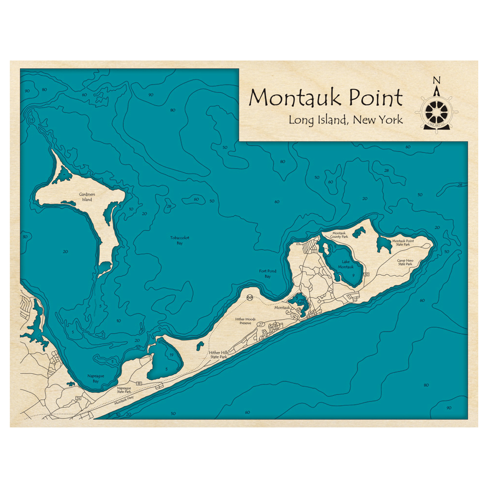 Bathymetric topo map of Montauk Point, NY with roads, towns and depths noted in blue water.