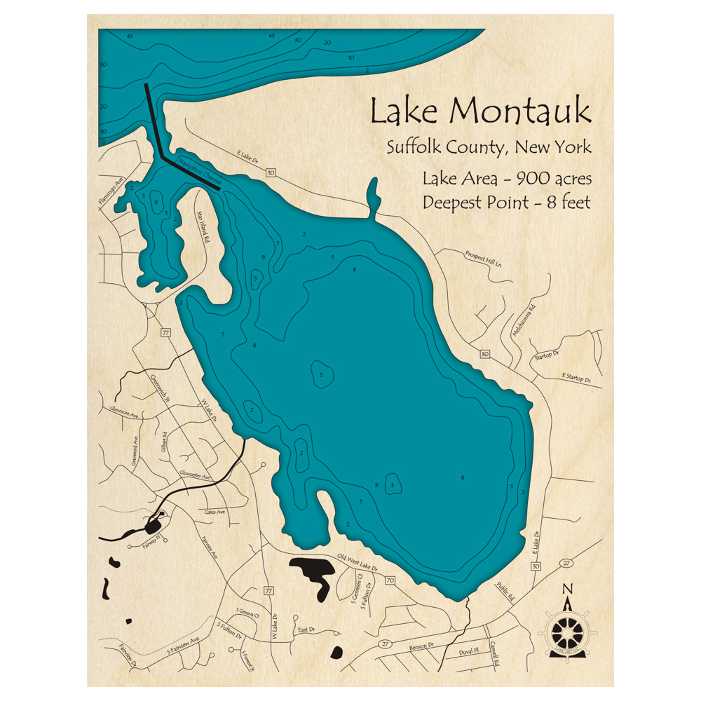 Bathymetric topo map of Lake Montauk, NY with roads, towns and depths noted in blue water.