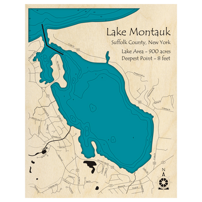 Bathymetric topo map of Lake Montauk, NY with roads, towns and depths noted in blue water.