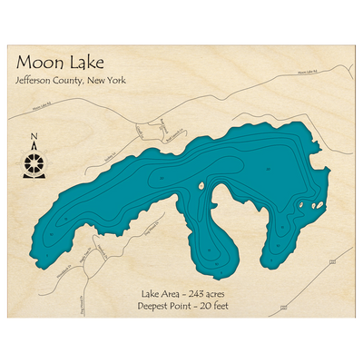 Bathymetric topo map of Moon Lake, NY with roads, towns and depths noted in blue water.