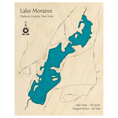 Bathymetric topo map of Lake Moraine, NY with roads, towns and depths noted in blue water.