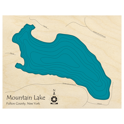 Bathymetric topo map of Mountain Lake, NY with roads, towns and depths noted in blue water.
