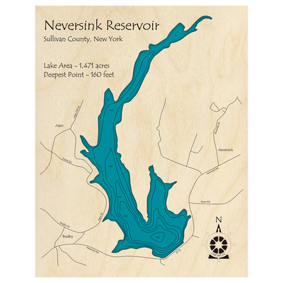 Bathymetric topo map of Neversink Reservoir, NY with roads, towns and depths noted in blue water.