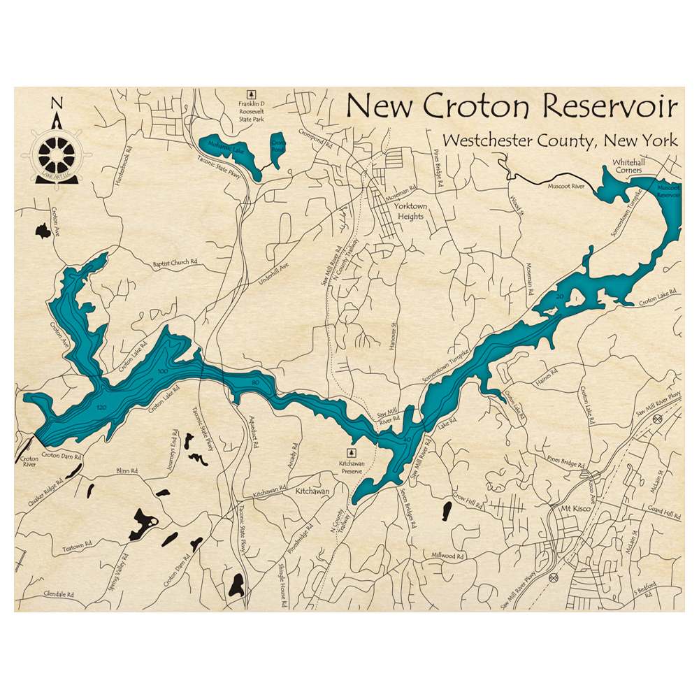 Bathymetric topo map of New Croton Reservoir, NY with roads, towns and depths noted in blue water.