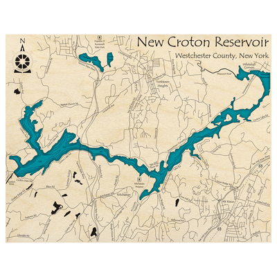 Bathymetric topo map of New Croton Reservoir, NY with roads, towns and depths noted in blue water.