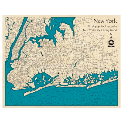 Bathymetric topo map of New York, NY with roads, towns and depths noted in blue water.