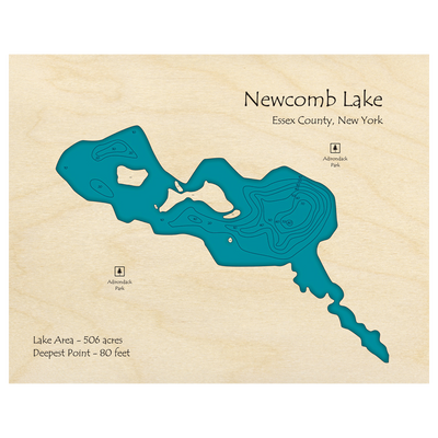 Bathymetric topo map of Newcomb Lake, NY with roads, towns and depths noted in blue water.