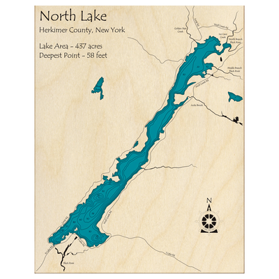 Bathymetric topo map of North Lake, NY with roads, towns and depths noted in blue water.