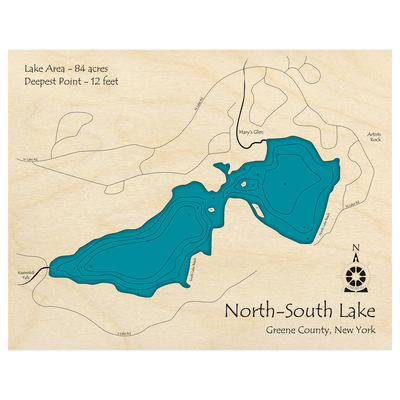 Bathymetric topo map of North-South Lake, NY with roads, towns and depths noted in blue water.