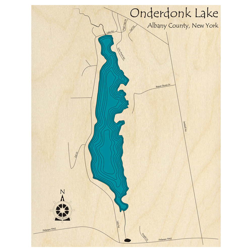 Bathymetric topo map of Onderdonk Lake, NY with roads, towns and depths noted in blue water.