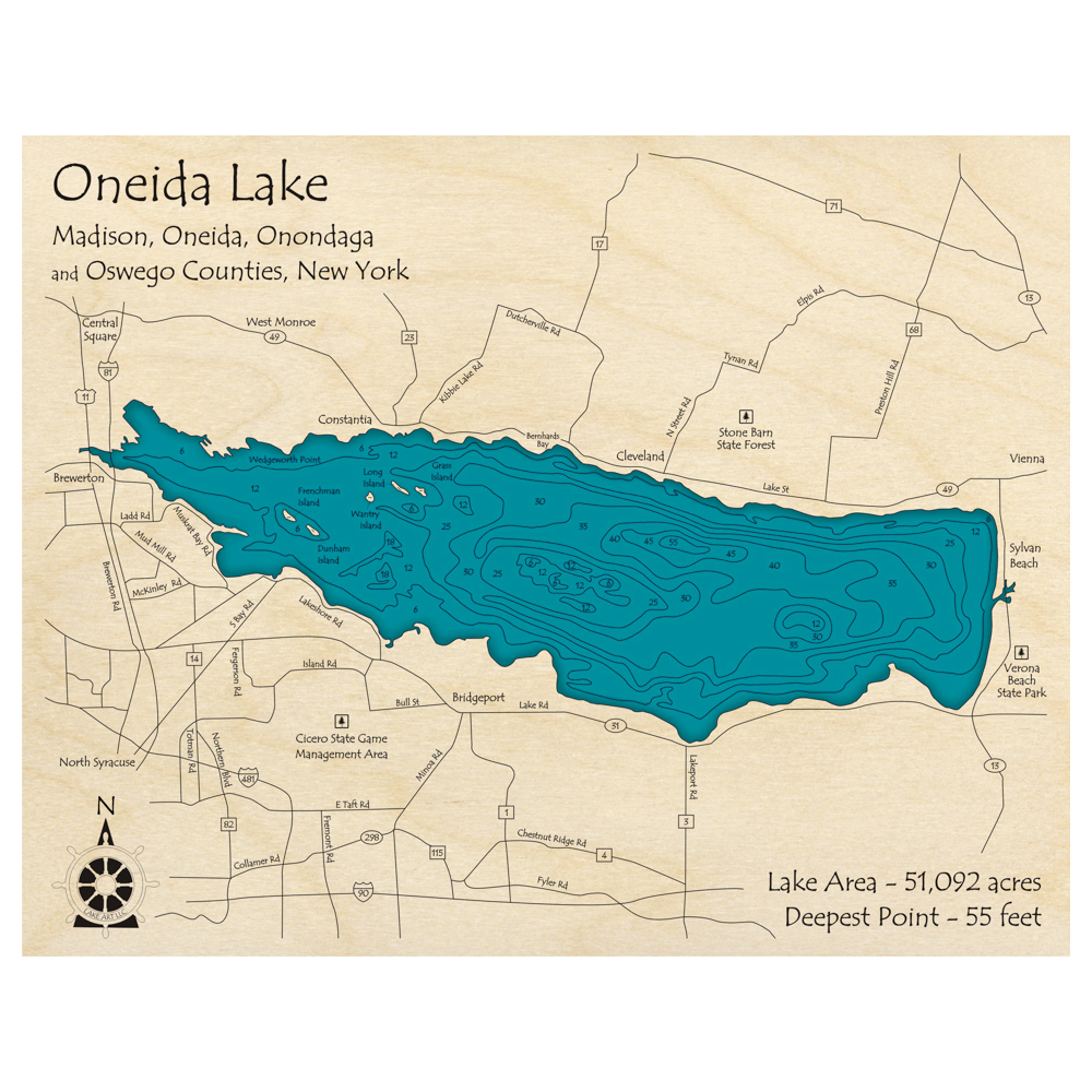 Bathymetric topo map of Oneida Lake, NY with roads, towns and depths noted in blue water.