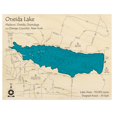 Bathymetric topo map of Oneida Lake, NY with roads, towns and depths noted in blue water.