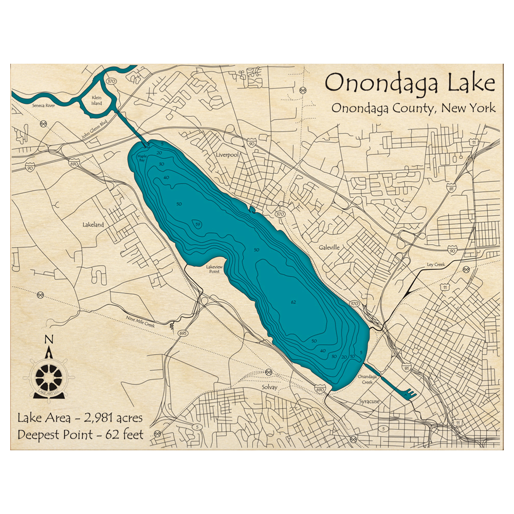 Bathymetric topo map of Onondaga Lake, NY with roads, towns and depths noted in blue water.