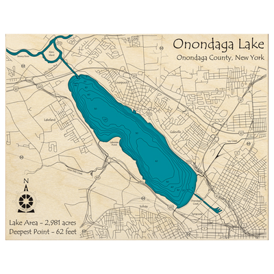 Bathymetric topo map of Onondaga Lake, NY with roads, towns and depths noted in blue water.