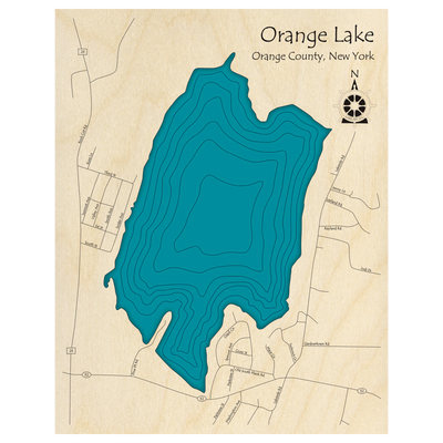 Bathymetric topo map of Orange Lake, NY with roads, towns and depths noted in blue water.