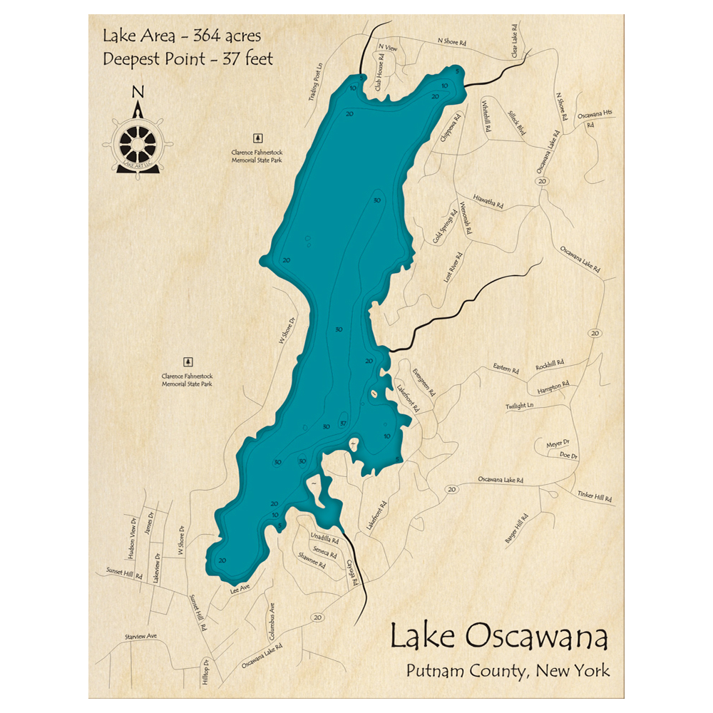 Bathymetric topo map of Lake Oscawana, NY with roads, towns and depths noted in blue water.
