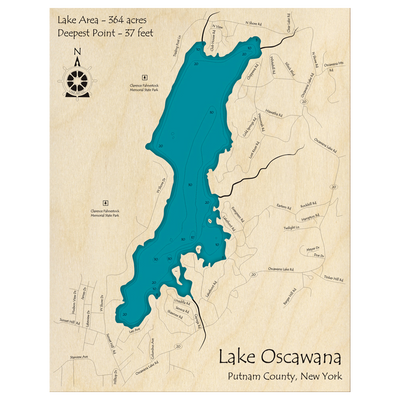 Bathymetric topo map of Lake Oscawana, NY with roads, towns and depths noted in blue water.