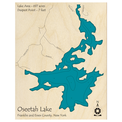 Bathymetric topo map of Oseetah Lake, NY with roads, towns and depths noted in blue water.