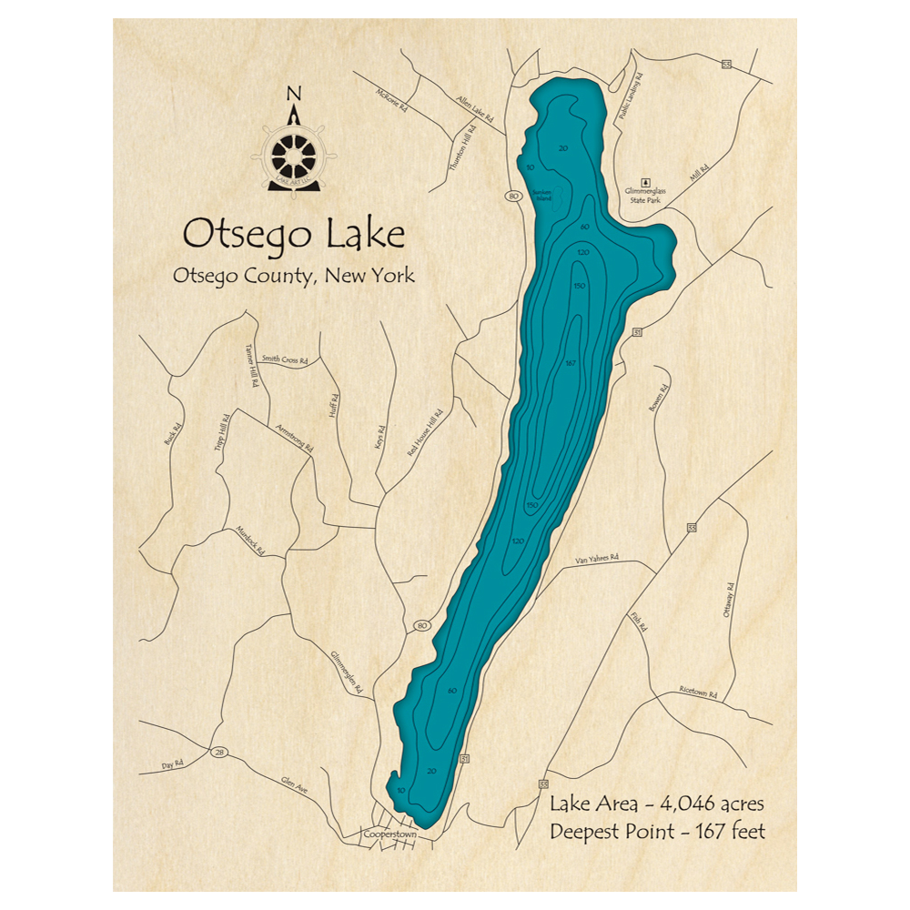 Bathymetric topo map of Otsego Lake, NY with roads, towns and depths noted in blue water.