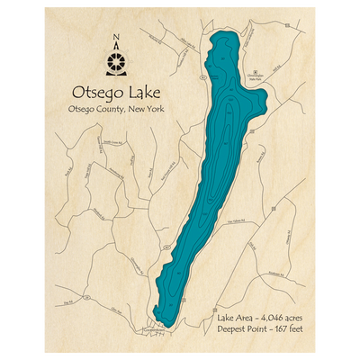 Bathymetric topo map of Otsego Lake, NY with roads, towns and depths noted in blue water.